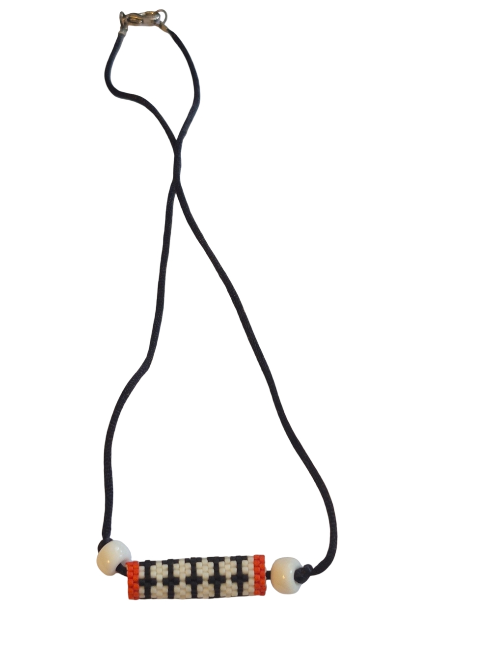 Black Cord Beaded Tube Necklace with Ivory and Orange Accents